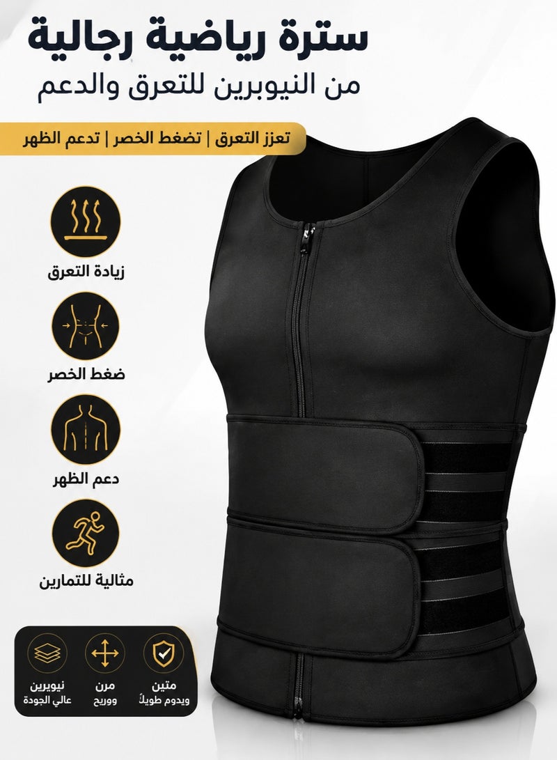 fdsport Men's Neoprene Sweat Vest Sauna Suit Waist Trainer Compression Body Shaper Tank Top with Zipper Adjustable Belt for Gym Workout Fat Burning Back Support Black - Image 1