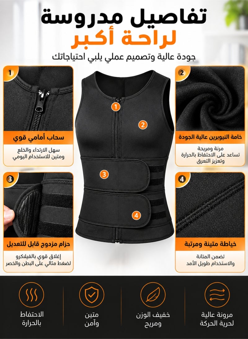fdsport Men's Neoprene Sweat Vest Sauna Suit Waist Trainer Compression Body Shaper Tank Top with Zipper Adjustable Belt for Gym Workout Fat Burning Back Support Black - Image 4