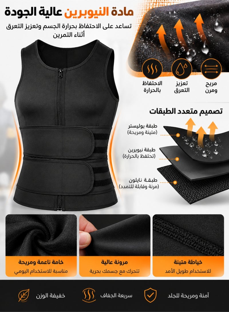 fdsport Men's Neoprene Sweat Vest Sauna Suit Waist Trainer Compression Body Shaper Tank Top with Zipper Adjustable Belt for Gym Workout Fat Burning Back Support Black - Image 2