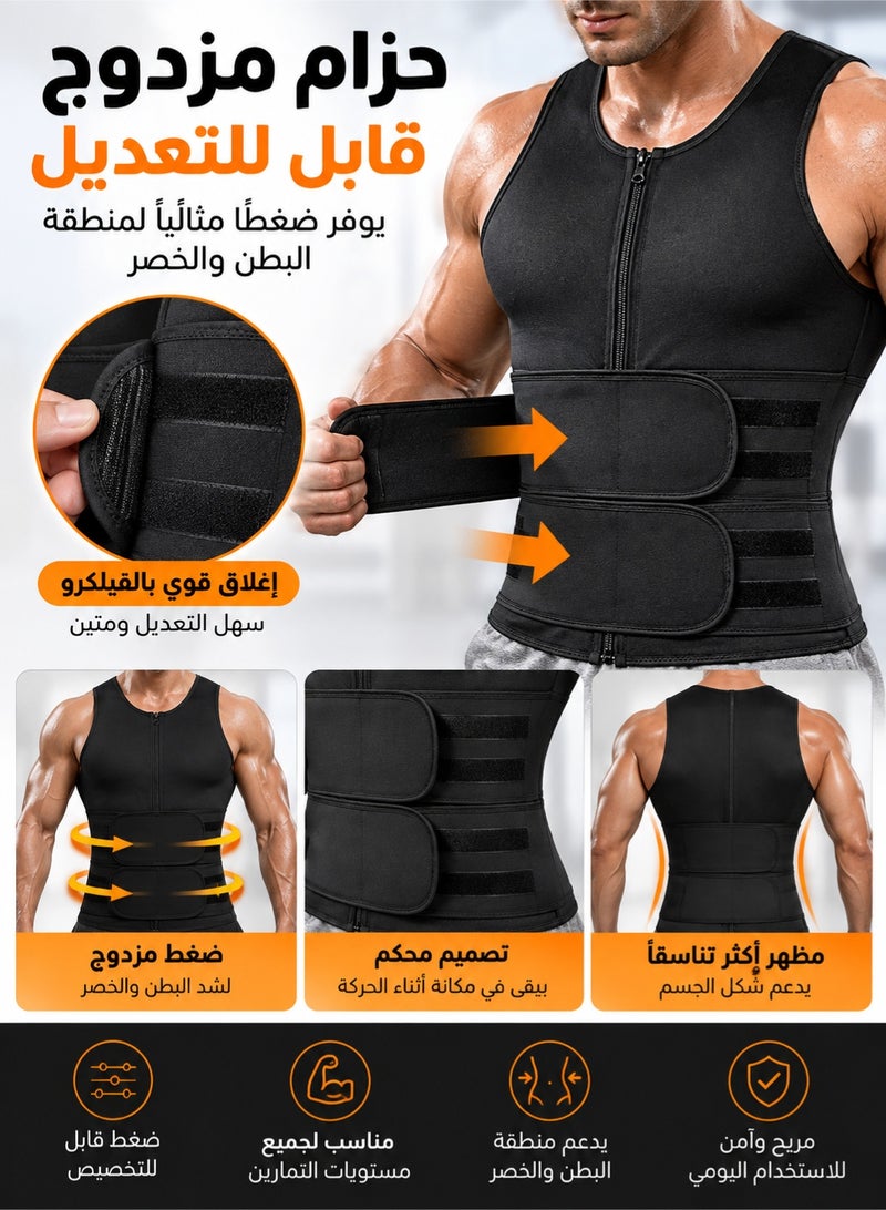 fdsport Men's Neoprene Sweat Vest Sauna Suit Waist Trainer Compression Body Shaper Tank Top with Zipper Adjustable Belt for Gym Workout Fat Burning Back Support Black - Image 3