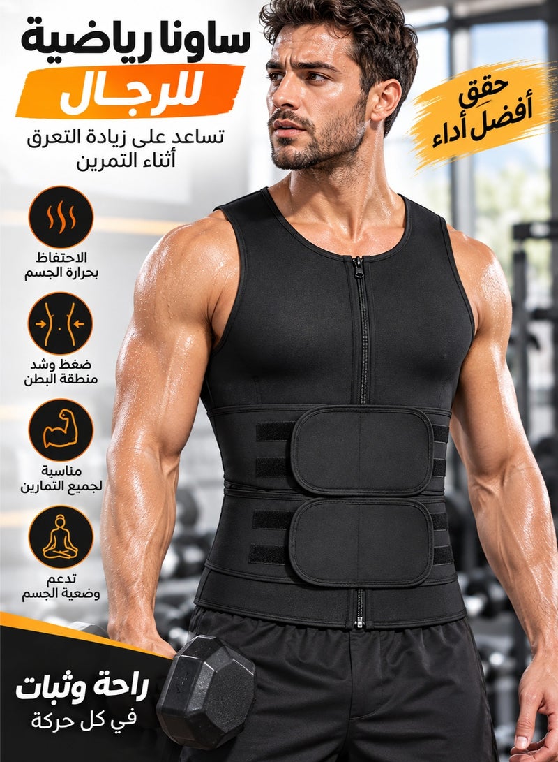 fdsport Men's Neoprene Sweat Vest Sauna Suit Waist Trainer Compression Body Shaper Tank Top with Zipper Adjustable Belt for Gym Workout Fat Burning Back Support Black - Image 1