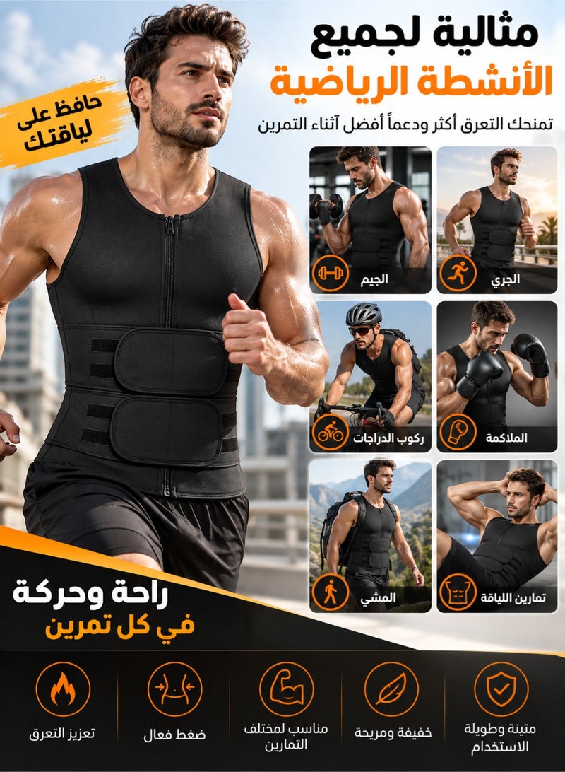 fdsport Men's Neoprene Sweat Vest Sauna Suit Waist Trainer Compression Body Shaper Tank Top with Zipper Adjustable Belt for Gym Workout Fat Burning Back Support Black - Image 5