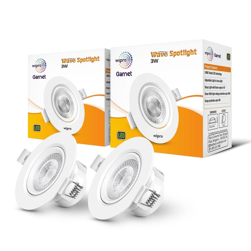 WIPRO wipro Garnet 3W Round B22 Led Wave Spotlight Cob Spotlight for CeilingNeutral White Light 4000K Adjustable Design Recessed Tiltable Downlighter for False Ceiling Cutout 60 Mm Pack of 2  - Image 1