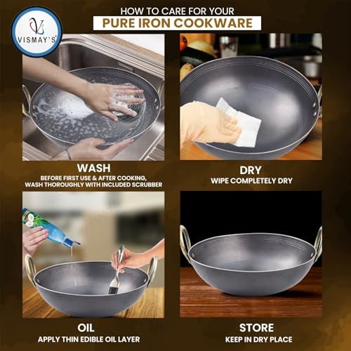 VISMAY'S 700 ML 8.5 Inch Food Grade Iron Kadhai Wok Frypan Lohe ki Kadai Smooth Edges Riveted Handles Deep Frying, Roasting Metal Spoon Friendly Traditional Indian Cooking Durable Kitchen Cookware - Image 5