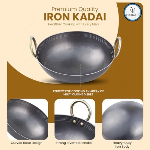 VISMAY'S 700 ML 8.5 Inch Food Grade Iron Kadhai Wok Frypan Lohe ki Kadai Smooth Edges Riveted Handles Deep Frying, Roasting Metal Spoon Friendly Traditional Indian Cooking Durable Kitchen Cookware - Image 4