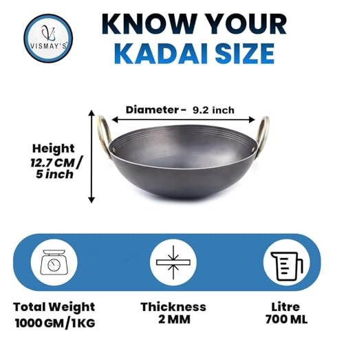 VISMAY'S 700 ML 8.5 Inch Food Grade Iron Kadhai Wok Frypan Lohe ki Kadai Smooth Edges Riveted Handles Deep Frying, Roasting Metal Spoon Friendly Traditional Indian Cooking Durable Kitchen Cookware - Image 2
