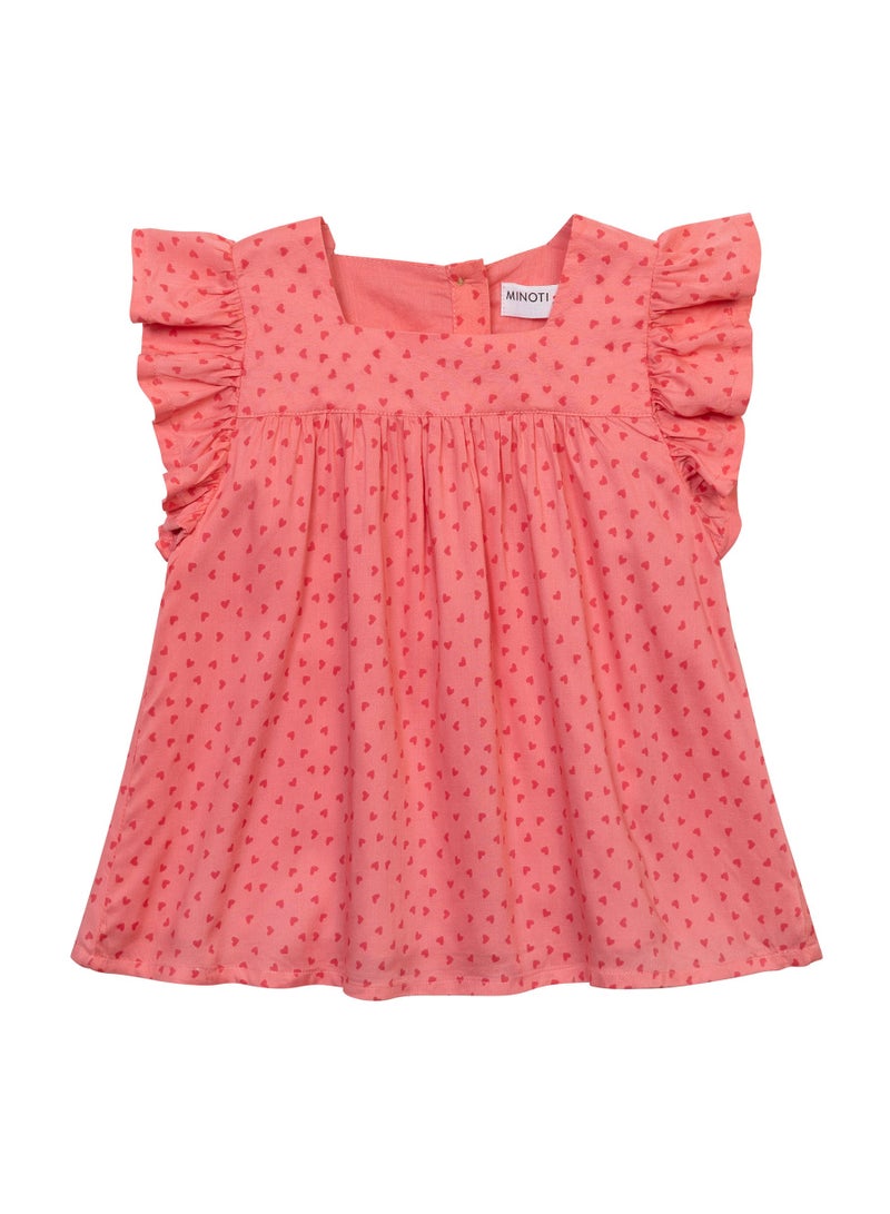 MINOTI Kids Girl Printed Cotton Top with Ruffle Sleeves - Image 1