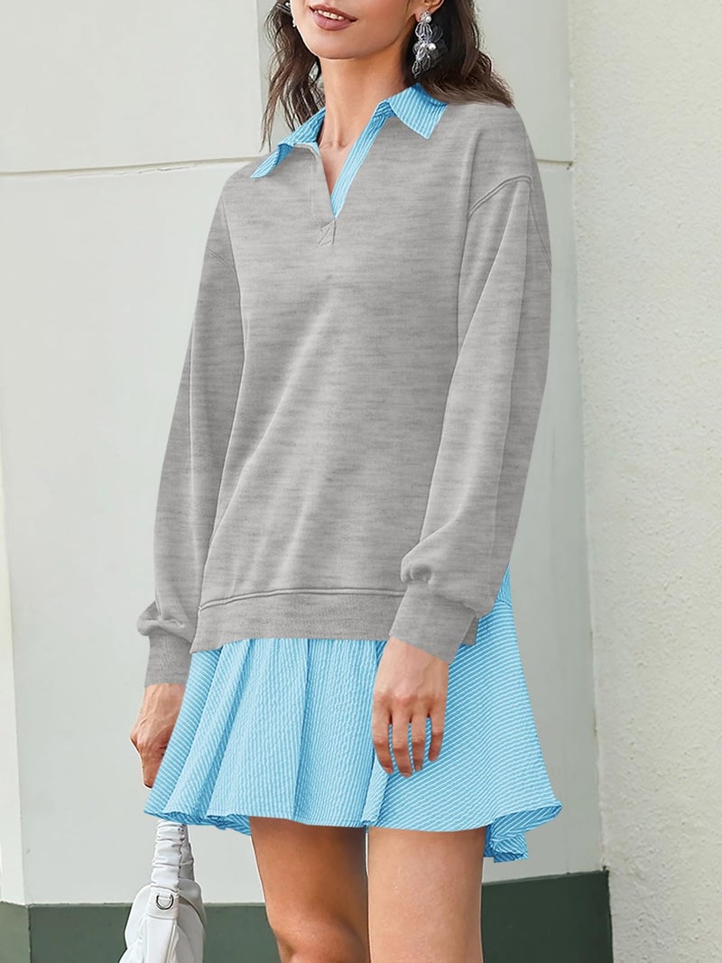 Wenrine Womens Oversized Sweatshirt Dress Casual Long Sleeve Collared V Neck Patchwork Loose Mini Dresses Light Grey - Image 3