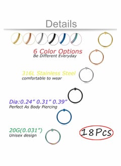 SYOSI 18Pcs 20g Stainless Steel Nose Ring Hoop Septum Ring Cartilage Helix Ear Piercing 6mm 8mm 10mm  - Image 3
