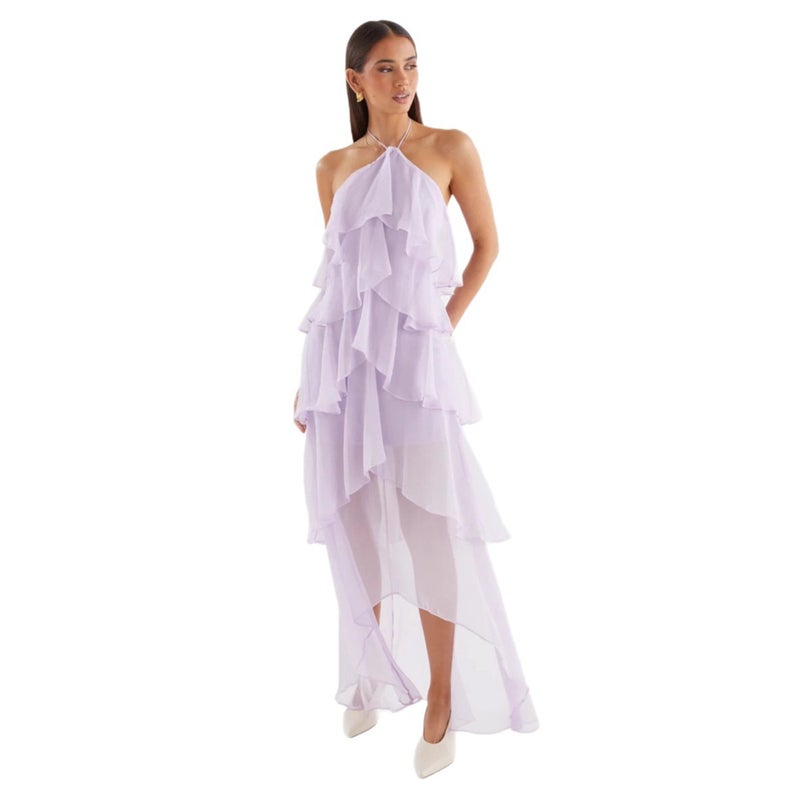 French Style Summer Beach Halter Neck Sleeveless Ruffle Solid Color Long Dress - Image 5