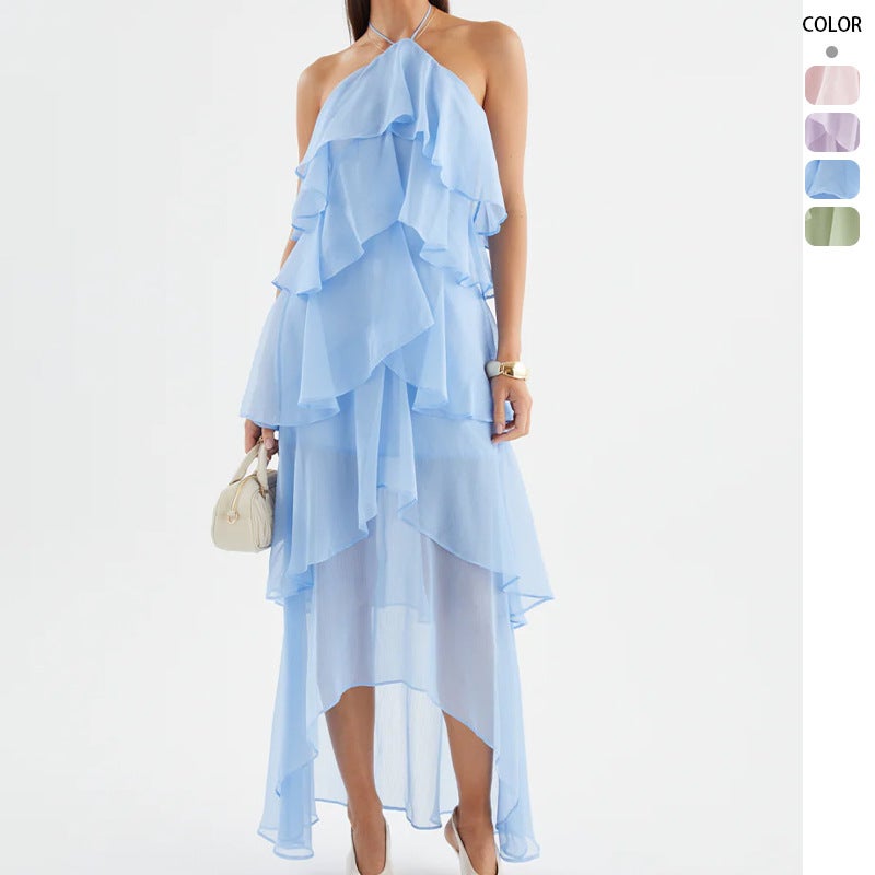 French Style Summer Beach Halter Neck Sleeveless Ruffle Solid Color Long Dress - Image 1