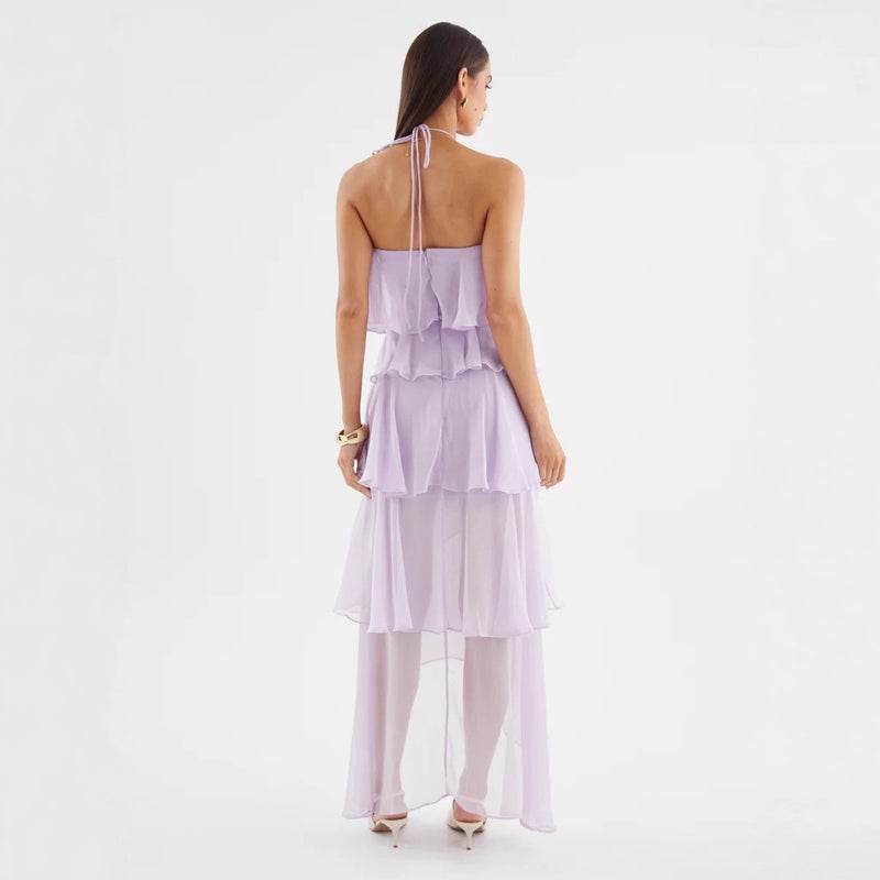 French Style Summer Beach Halter Neck Sleeveless Ruffle Solid Color Long Dress - Image 3