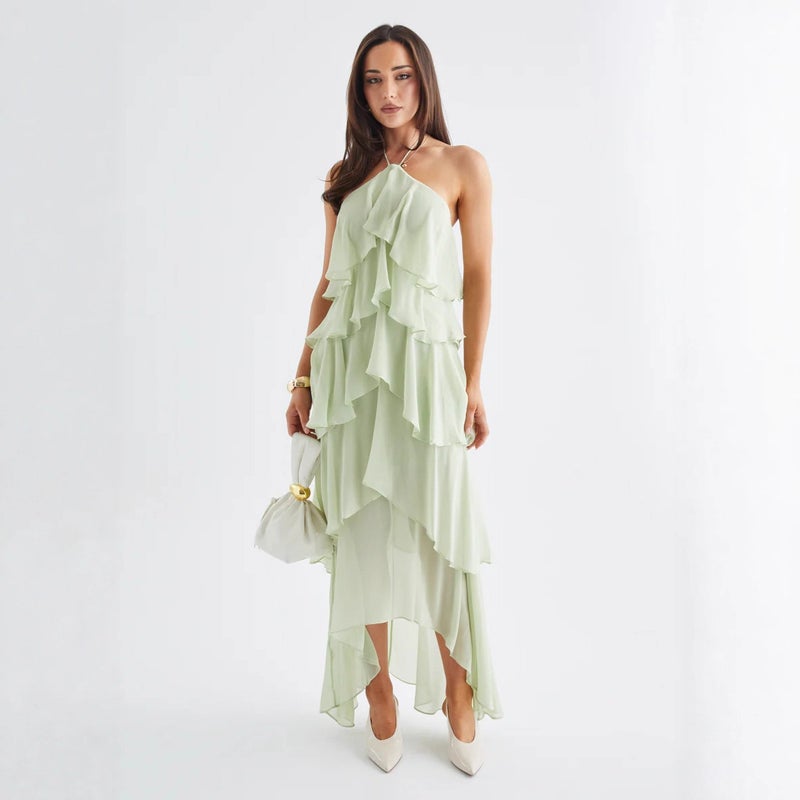 French Style Summer Beach Halter Neck Sleeveless Ruffle Solid Color Long Dress - Image 4