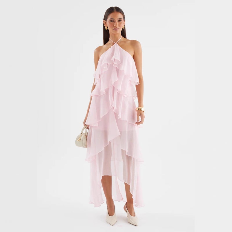 French Style Summer Beach Halter Neck Sleeveless Ruffle Solid Color Long Dress - Image 2