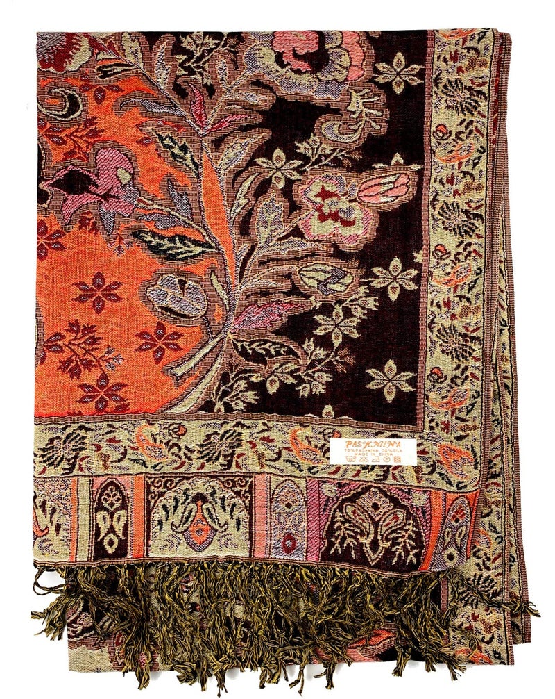 Plum Feathers Pashmina Scarf with Ethnic Tapestry Style Paisley Pattern - 67" x 28" Everyday Pashmina Travel Wrap and Shawl (Black Orange Tropical Paisley) - Image 2