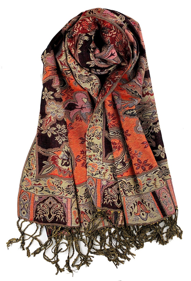 Plum Feathers Pashmina Scarf with Ethnic Tapestry Style Paisley Pattern - 67" x 28" Everyday Pashmina Travel Wrap and Shawl (Black Orange Tropical Paisley) - Image 1