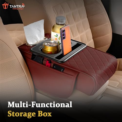 TANTRA Premium Car Armrest Cushion Organizers, 5-in-1 Center Console Cover with 2 Storage Bags Cup Holder, Tissue Box Slot, Phone Slot for Sedans, Car Accessories Interior Organizers (Brown) - Image 4