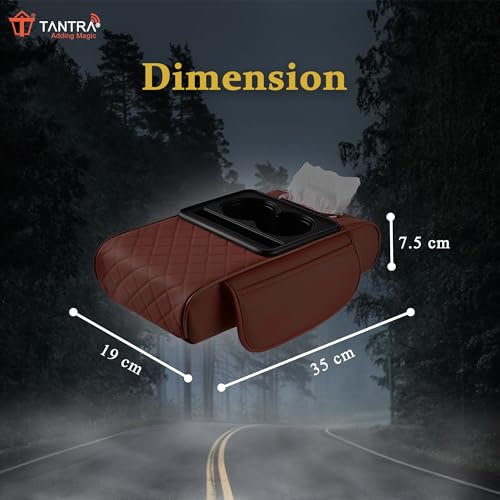 TANTRA Premium Car Armrest Cushion Organizers, 5-in-1 Center Console Cover with 2 Storage Bags Cup Holder, Tissue Box Slot, Phone Slot for Sedans, Car Accessories Interior Organizers (Brown) - Image 2