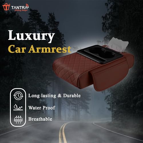 TANTRA Premium Car Armrest Cushion Organizers, 5-in-1 Center Console Cover with 2 Storage Bags Cup Holder, Tissue Box Slot, Phone Slot for Sedans, Car Accessories Interior Organizers (Brown) - Image 3