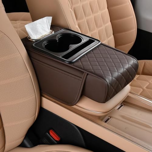 TANTRA Premium Car Armrest Cushion Organizers, 5-in-1 Center Console Cover with 2 Storage Bags Cup Holder, Tissue Box Slot, Phone Slot for Sedans, Car Accessories Interior Organizers (Brown) - Image 1