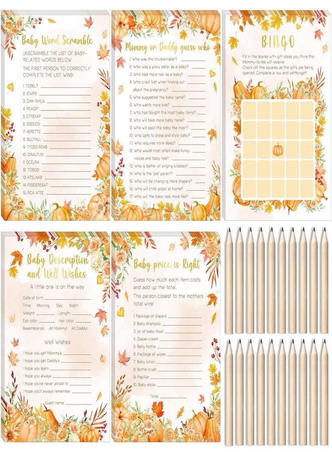 Zhanmai 145Pcs Fall Pumpkin Baby Shower Games 5 Set Game Activity Cards with 20 Pencils for Boy Girl, Description and Wishes, Baby Price, Word Scramble Game Pumpkin Decor - Image 1