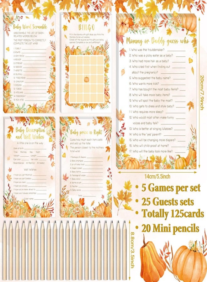 Zhanmai 145Pcs Fall Pumpkin Baby Shower Games 5 Set Game Activity Cards with 20 Pencils for Boy Girl, Description and Wishes, Baby Price, Word Scramble Game Pumpkin Decor - Image 2