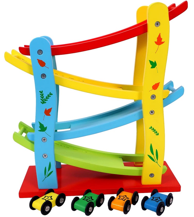 Toyshine Wooden Car Ramps Race - 4 Level Toy Car Ramp Race Track Includes 4 Wooden Toy Cars - My First Baby Toys - Toddler Race Car Ramp Toy Set is A Great Gift for Boys and Girls - Image 1