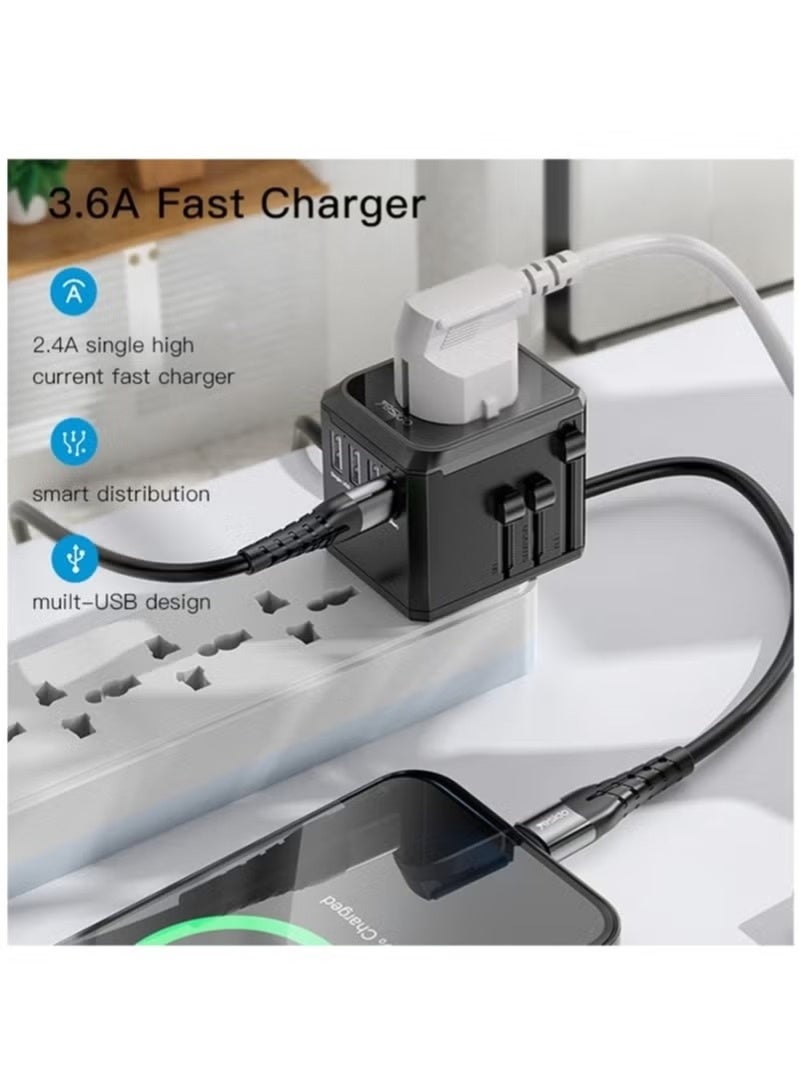 Yesido MC-10 3 USB + Type-C Ports Multi-function Universal Travel Adapter Plug (Black)  - Image 5