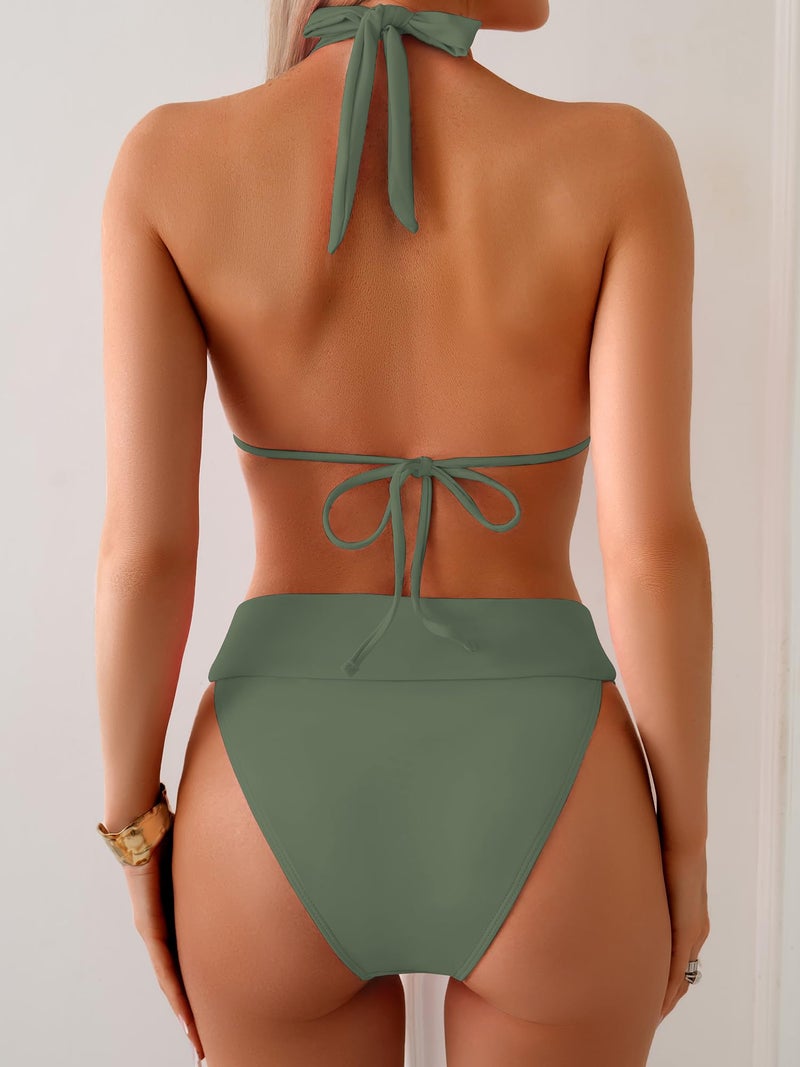TASHEHE Women's Triangle Ruched Bikini Set Sexy Two Piece Swimsuit Halter Sliding Rings Bathing Suit - 508 / Army Green - Medium - Image 3
