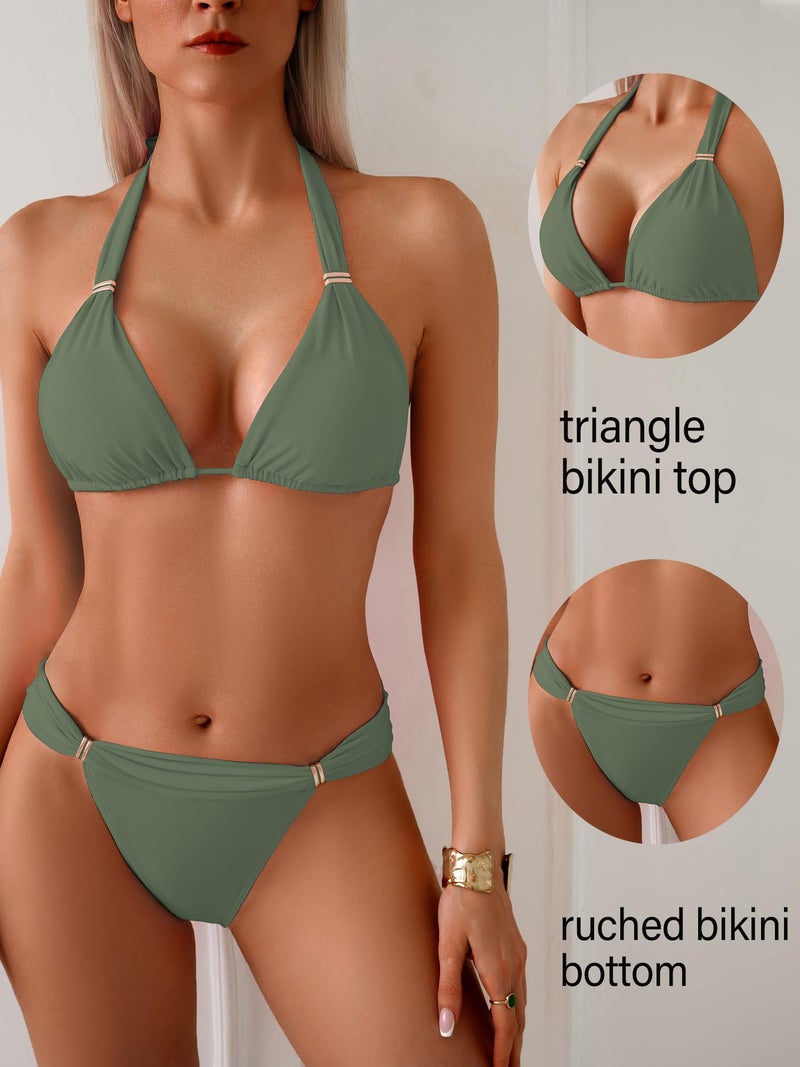 TASHEHE Women's Triangle Ruched Bikini Set Sexy Two Piece Swimsuit Halter Sliding Rings Bathing Suit - 508 / Army Green - Medium - Image 4