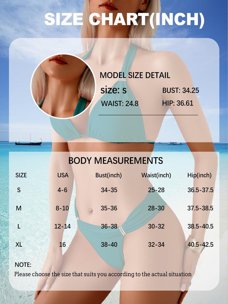 TASHEHE Women's Triangle Ruched Bikini Set Sexy Two Piece Swimsuit Halter Sliding Rings Bathing Suit - 508 / Army Green - Medium - Image 5