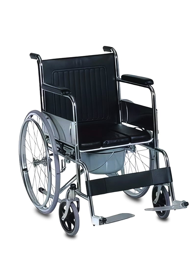 Wheelchair with Commode Foldable Mobility Chair with Chromed Steel Frame, Fixed Armrests & Footrests, PVC Seat Medical & Elderly Support