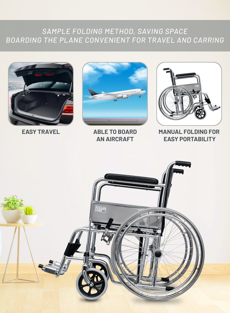 Wheelchair with Commode Foldable Mobility Chair with Chromed Steel Frame, Fixed Armrests & Footrests, PVC Seat Medical & Elderly Support