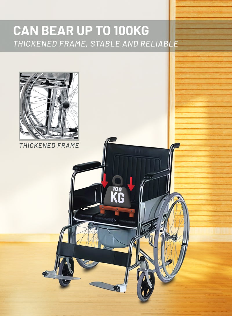 Wheelchair with Commode Foldable Mobility Chair with Chromed Steel Frame, Fixed Armrests & Footrests, PVC Seat Medical & Elderly Support