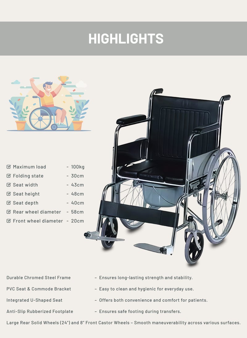 Wheelchair with Commode Foldable Mobility Chair with Chromed Steel Frame, Fixed Armrests & Footrests, PVC Seat Medical & Elderly Support