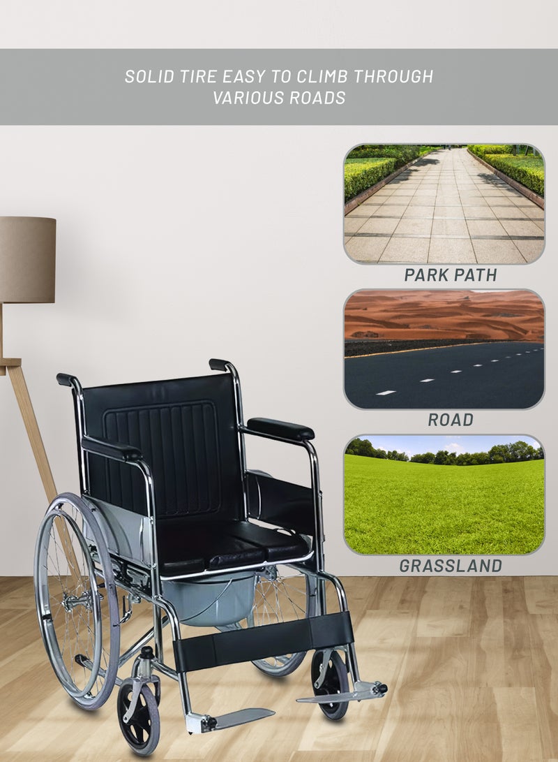 Wheelchair with Commode Foldable Mobility Chair with Chromed Steel Frame, Fixed Armrests & Footrests, PVC Seat Medical & Elderly Support