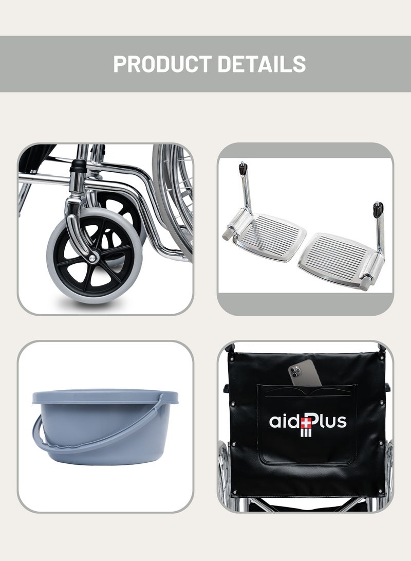 Wheelchair with Commode Foldable Mobility Chair with Chromed Steel Frame, Fixed Armrests & Footrests, PVC Seat Medical & Elderly Support