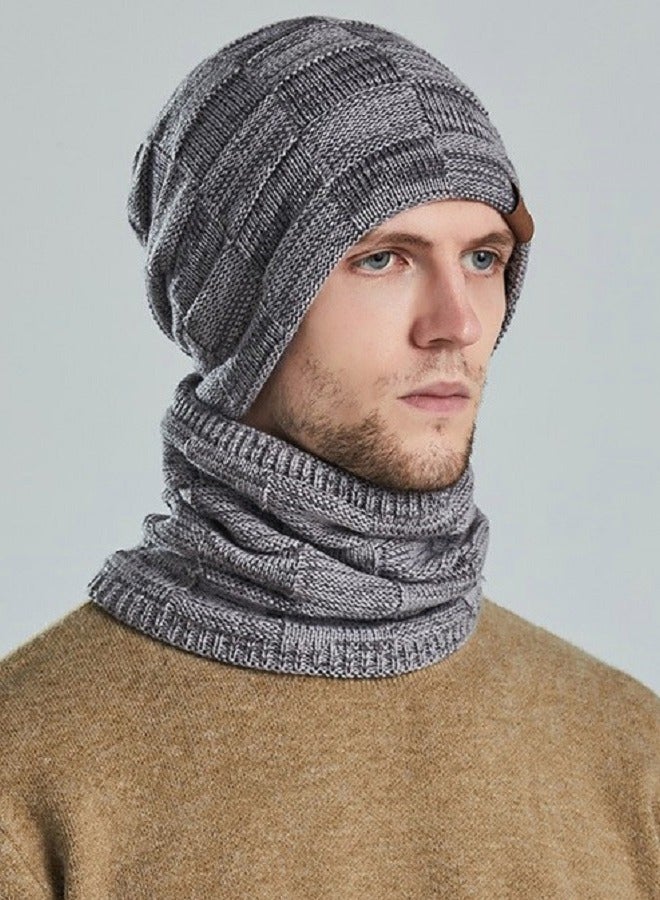 Joychic 2pcs Mens Winter Beanie Hats Scarf Set Warm Knit Hats Skull Cap Neck Warmer with Thick Fleece Lined Winter Outdoor Sports Hat Sets Grey - Image 1