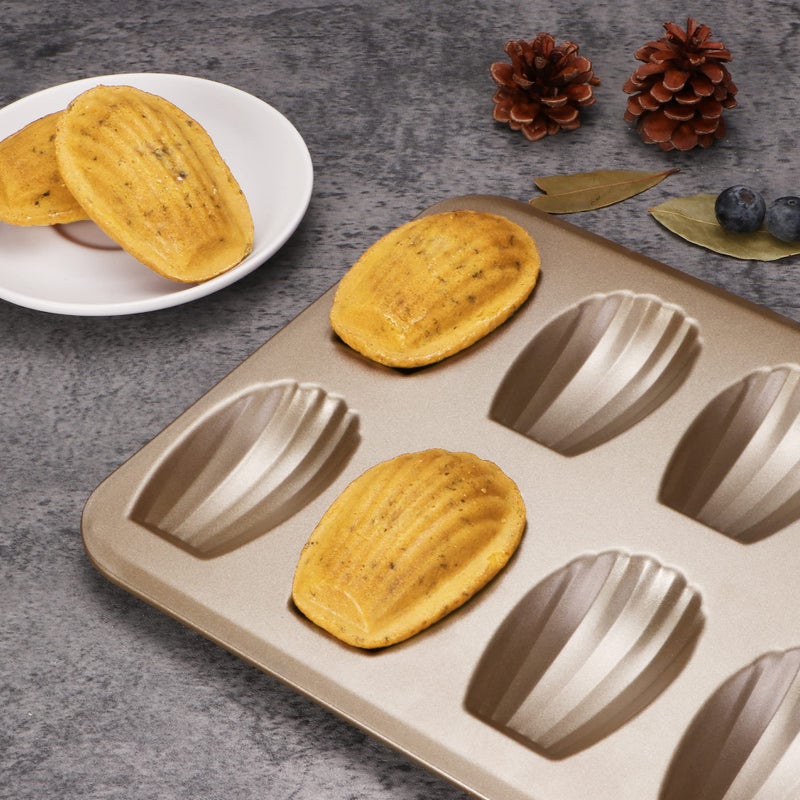 HONGBAKE Nonstick Madeleine Pan 2 Pack 12-Cavity Heavy Duty Madeleine Cookies Trays for Oven Baking, Warp Resistant Shell Shape Madeleine Mold Cake Pan, Champagne Gold - Image 4