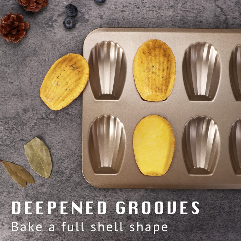 HONGBAKE Nonstick Madeleine Pan 2 Pack 12-Cavity Heavy Duty Madeleine Cookies Trays for Oven Baking, Warp Resistant Shell Shape Madeleine Mold Cake Pan, Champagne Gold - Image 3