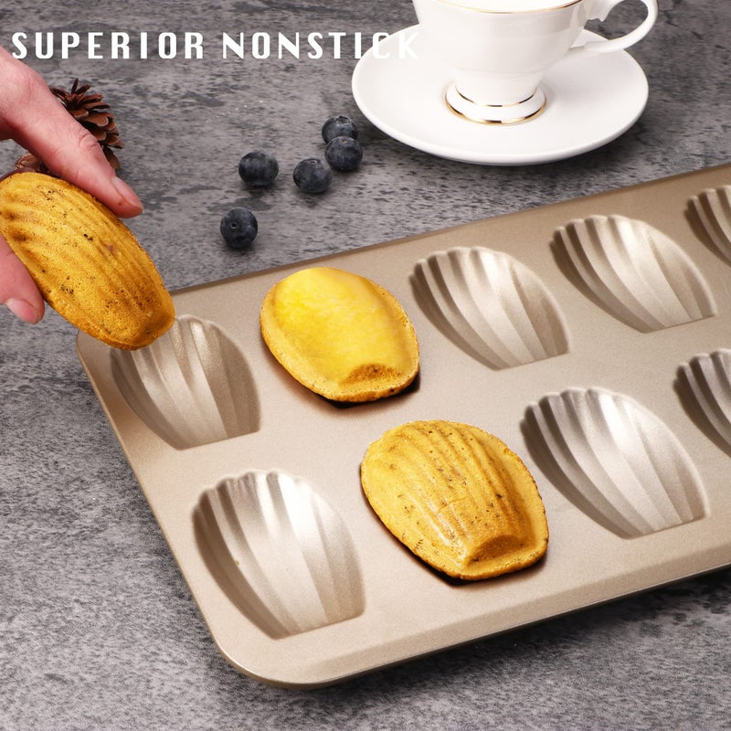 HONGBAKE Nonstick Madeleine Pan 2 Pack 12-Cavity Heavy Duty Madeleine Cookies Trays for Oven Baking, Warp Resistant Shell Shape Madeleine Mold Cake Pan, Champagne Gold - Image 2