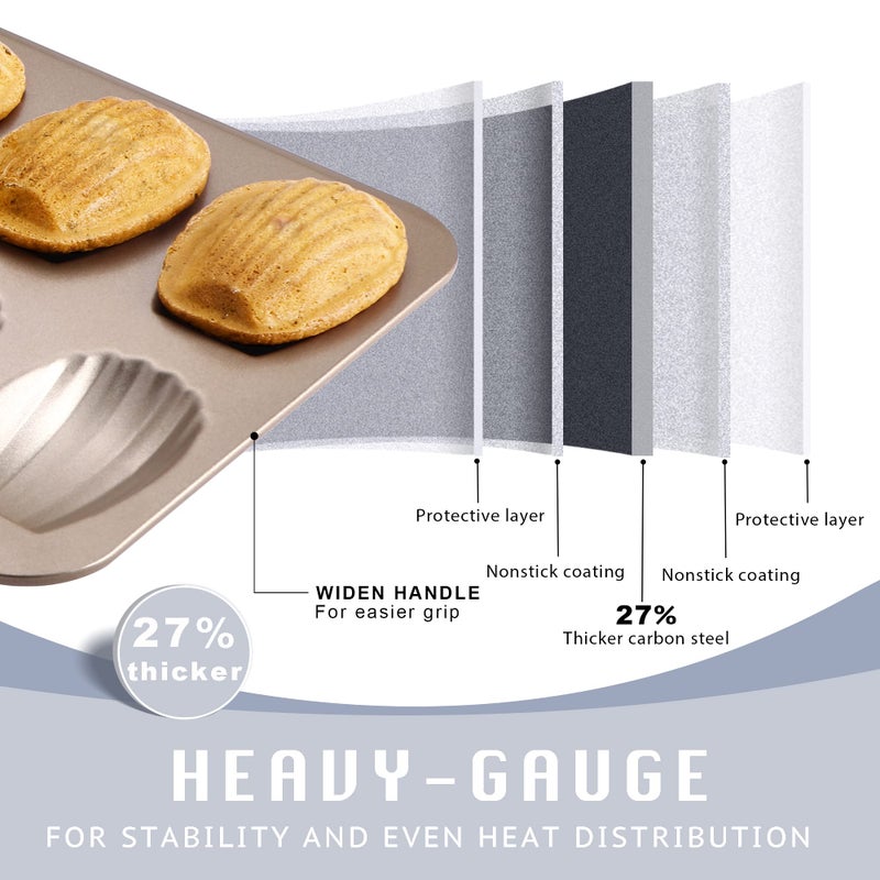 HONGBAKE Nonstick Madeleine Pan 2 Pack 12-Cavity Heavy Duty Madeleine Cookies Trays for Oven Baking, Warp Resistant Shell Shape Madeleine Mold Cake Pan, Champagne Gold - Image 5