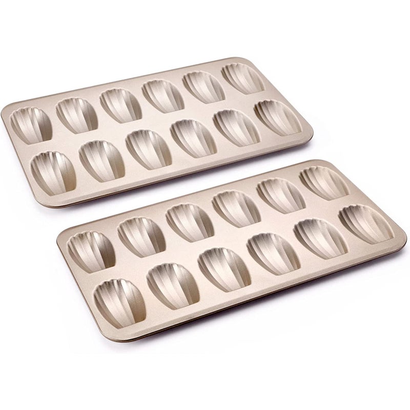HONGBAKE Nonstick Madeleine Pan 2 Pack 12-Cavity Heavy Duty Madeleine Cookies Trays for Oven Baking, Warp Resistant Shell Shape Madeleine Mold Cake Pan, Champagne Gold - Image 1