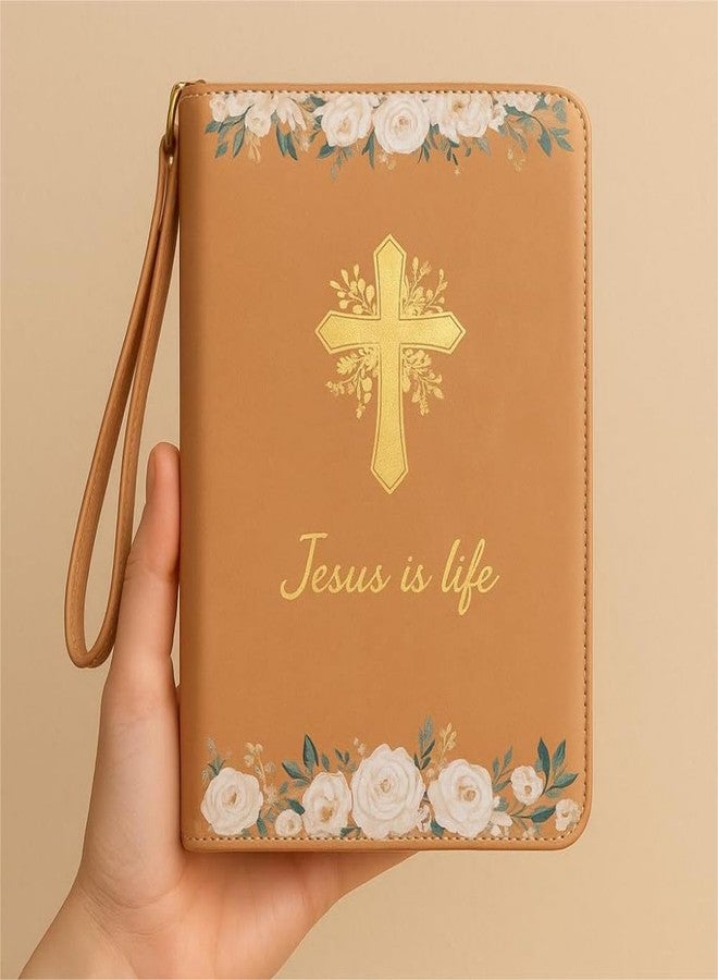 Liomus Bible Cover Case 11x7.68x2.56in Lt Brown Leather Zipper PocketFloral - Image 5