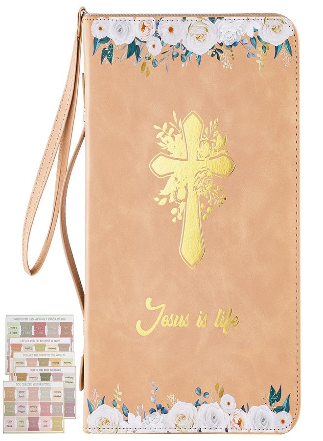 Liomus Bible Cover Case 11x7.68x2.56in Lt Brown Leather Zipper PocketFloral - Image 1