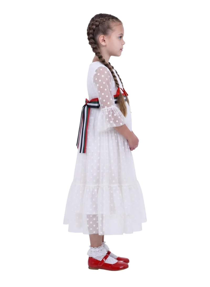 D'daniela 2-in-1 Girls UAE National Day Swiss Dot Maxi Dress with Detachable Flag Sash Belt