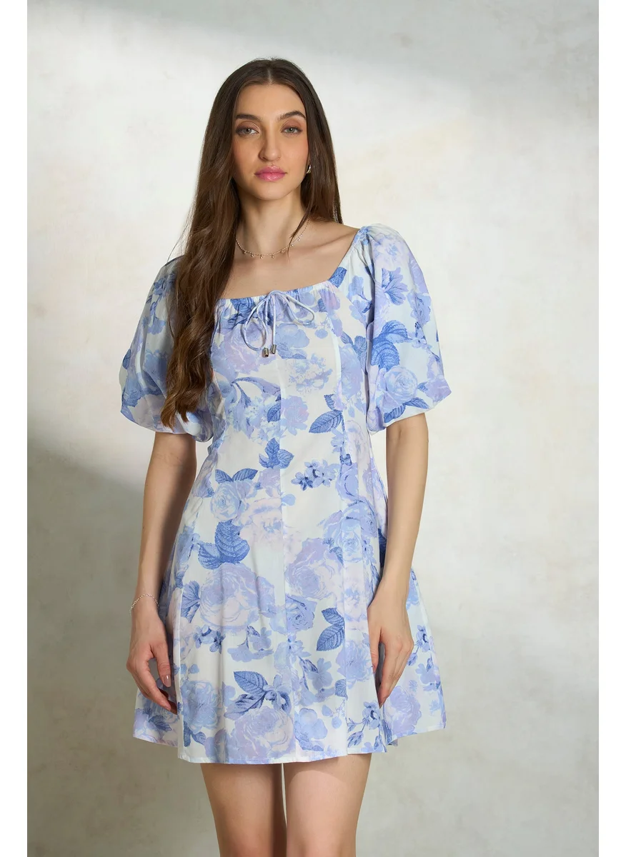 Virgio Virgio Varidhi Floral Printed Square Neck Puff Sleeves A-Line Dress