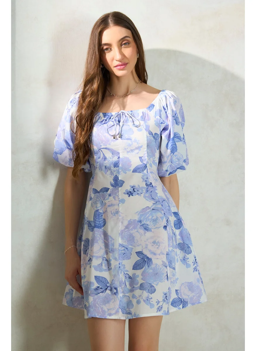 Virgio Virgio Varidhi Floral Printed Square Neck Puff Sleeves A-Line Dress