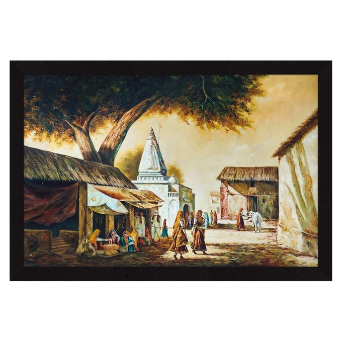 PAPER RAJASTHANI VILLAGE SCENE FRAMED WALL ART PAINTING WALL DECOR FOR LIVING ROOM MULTICOLOR NATURE 18 X 12 INCHES SET OF 1