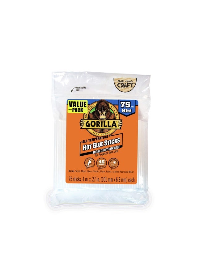 Gorilla Hot Glue Sticks, Clear Glue, Mini Size 4" Long x 0.27" Diameter, 75 Count (Pack of 1) - Safe for All Temperatures with Extended Working Time - Image 1